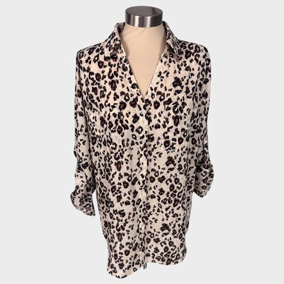 Maurices Large Brown Cream Black Cheetah Print Button Front Blouse - Picture 1 of 9